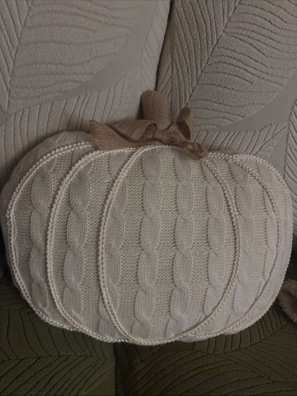 Cable-Knit Pumpkin Accent Pillow with Burlap  Bow - Cream